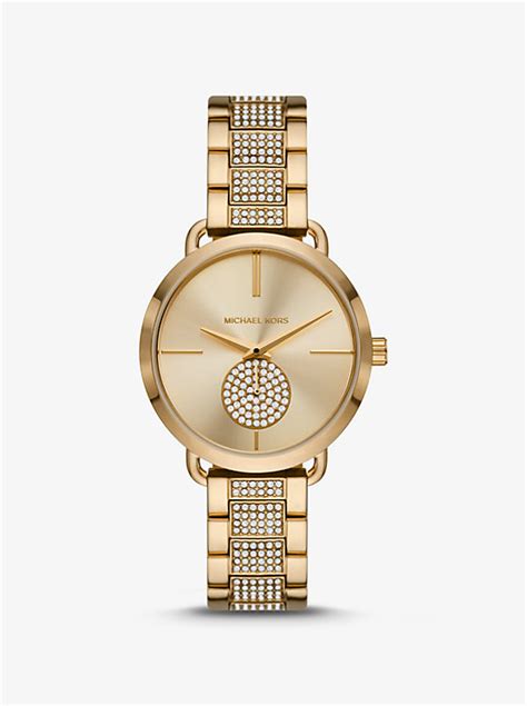 michael kors petite portia gold-tone leather watch|Mini Portia Pavé Gold.